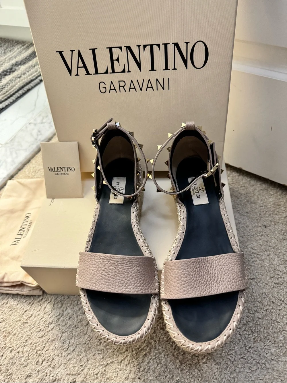 Valentino Garavani Taupe Leather Rockstud Espadrille Wedge
